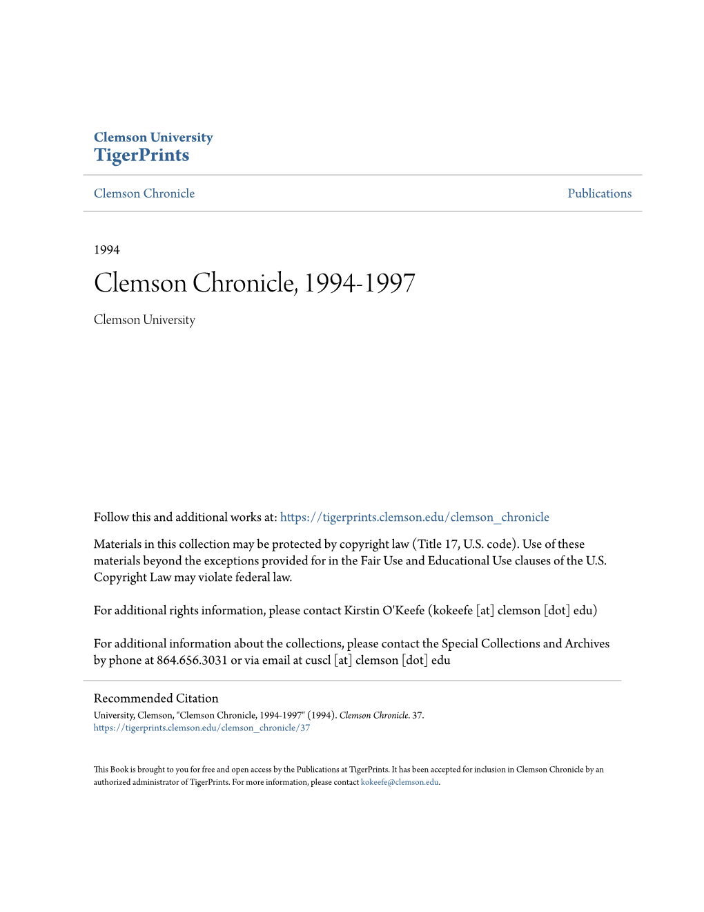 Clemson Chronicle, 1994-1997 Clemson University