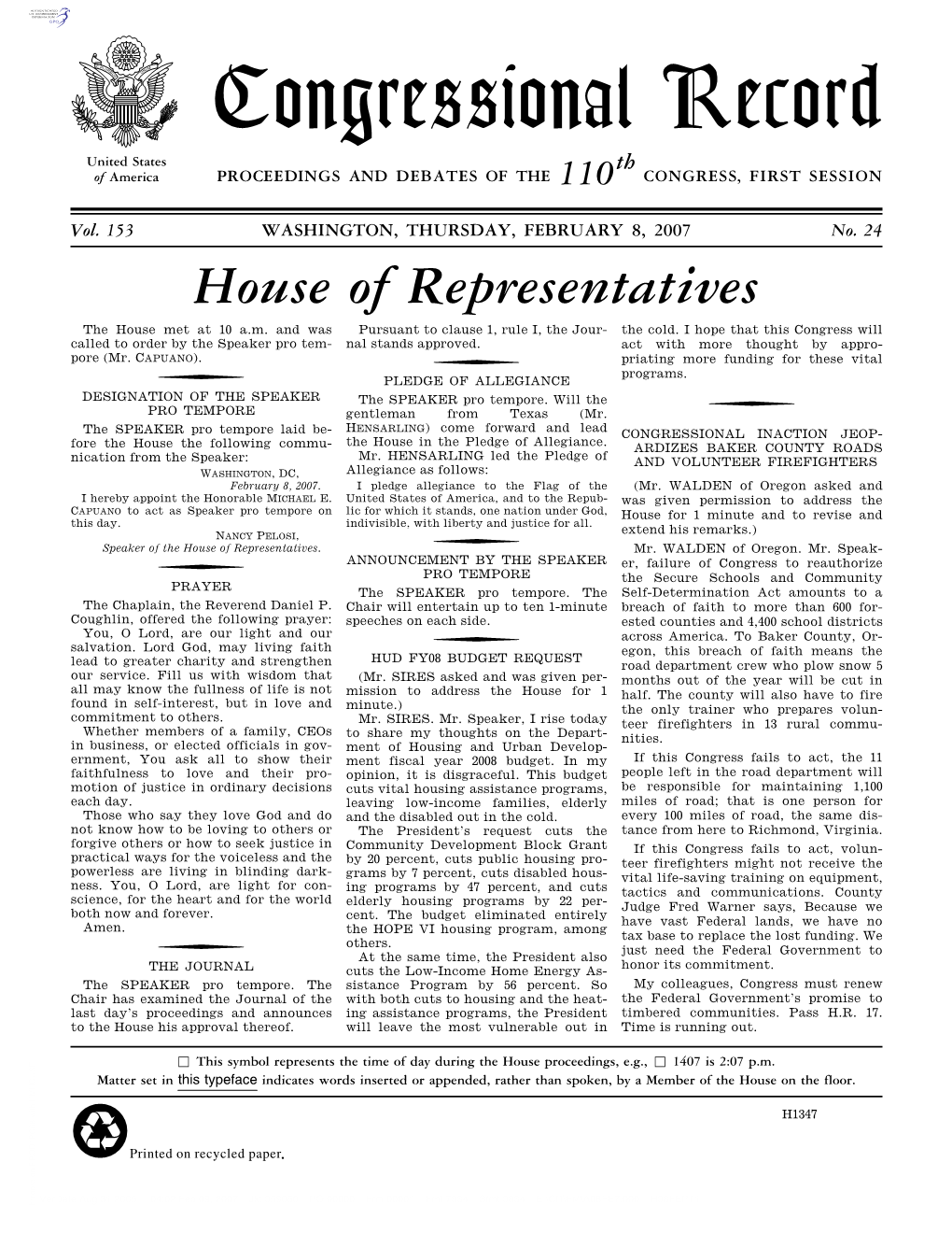 Congressional Record United States Th of America PROCEEDINGS and DEBATES of the 110 CONGRESS, FIRST SESSION