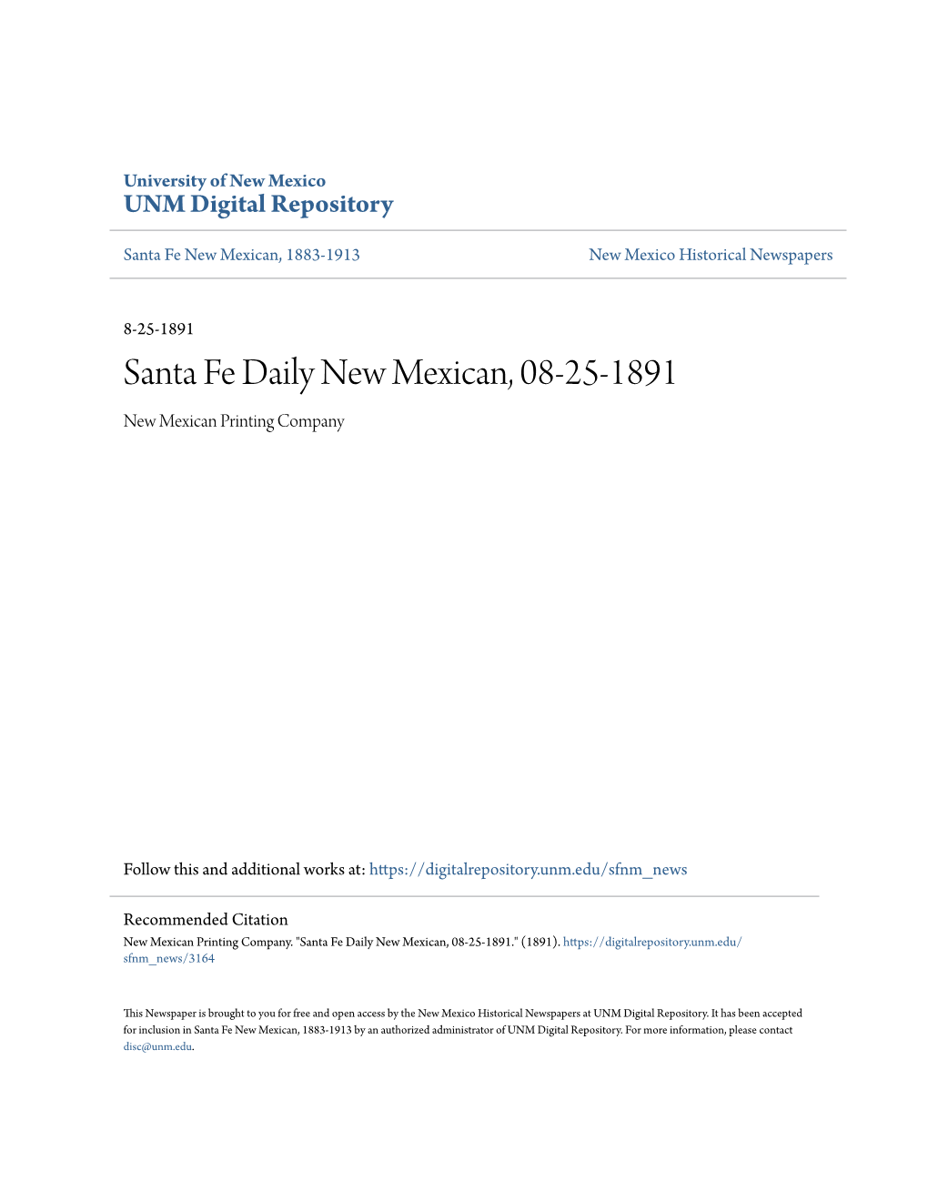 Santa Fe Daily New Mexican, 08-25-1891 New Mexican Printing Company