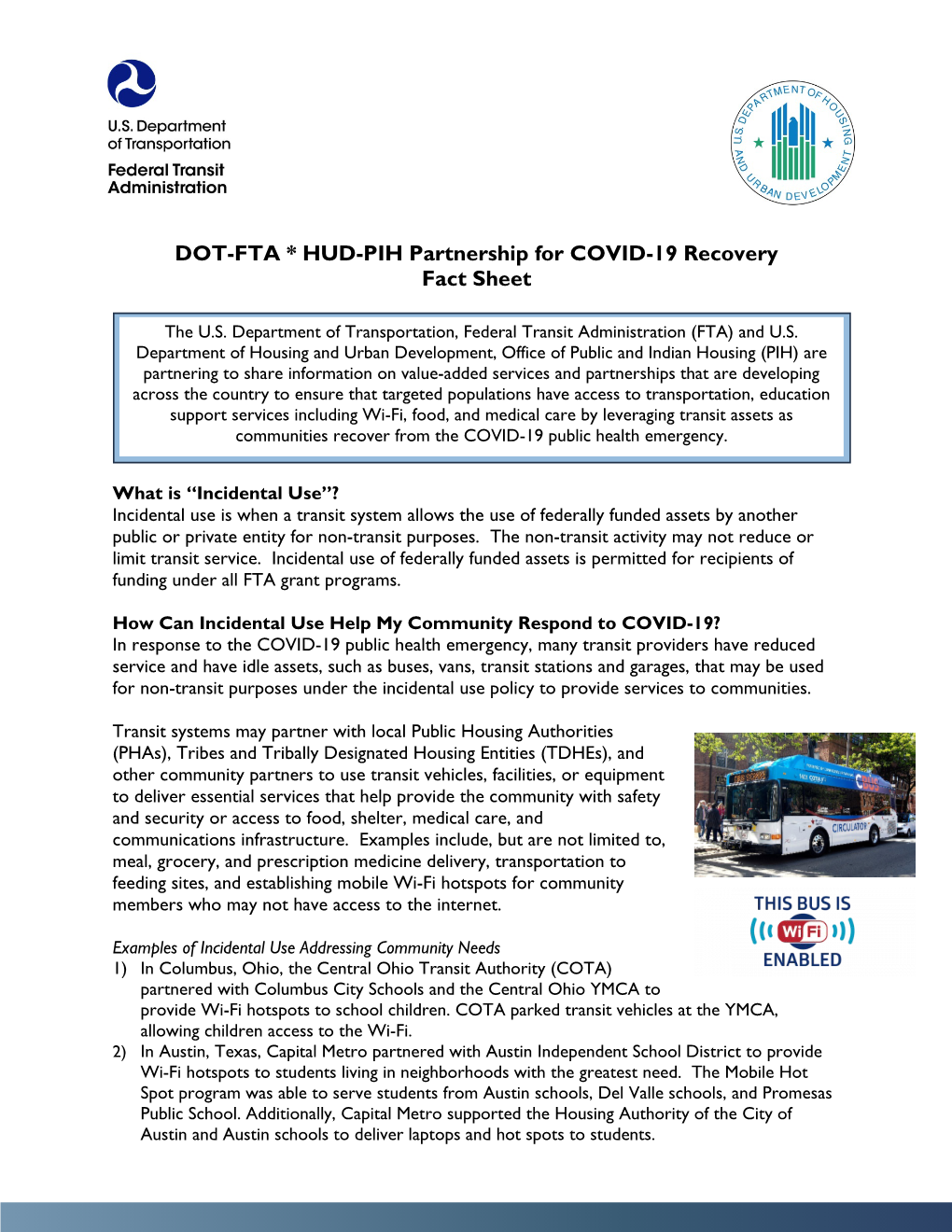 DOT-FTA HUD-PIH Partnership for COVID-19 Recovery Fact Sheet