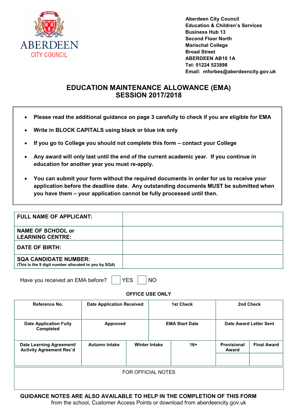 Education Maintenance Allowance (Ema) Session 2017/2018