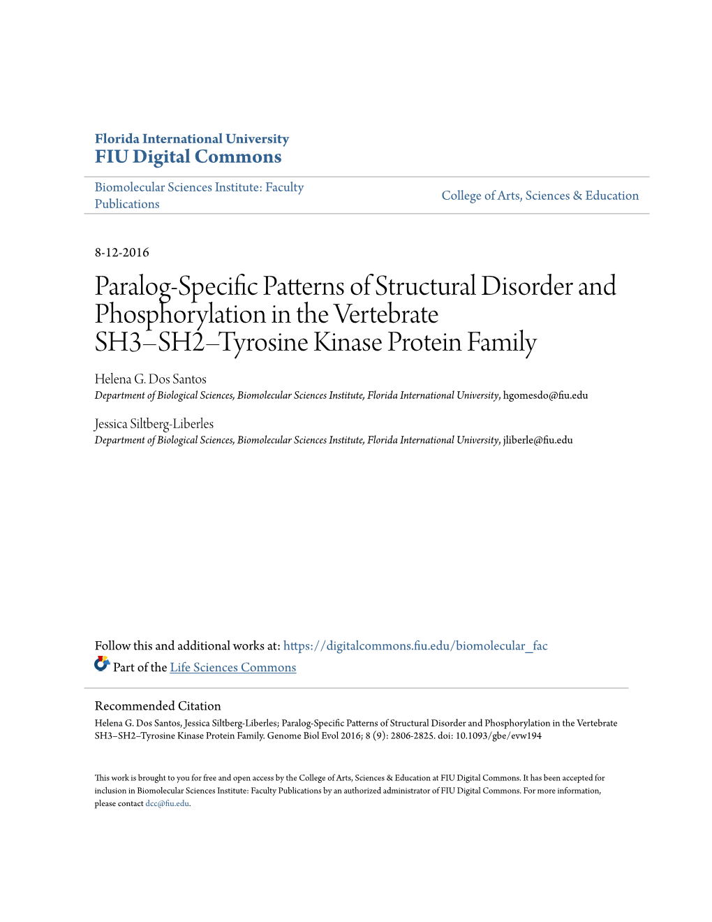 Paralog-Specific Patterns of Structural Disorder and Phosphorylation in the Vertebrate SH3–SH2–Tyrosine Kinase Protein Family