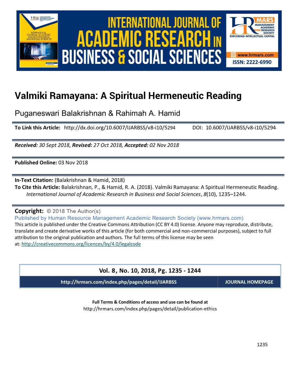 Valmiki Ramayana: a Spiritual Hermeneutic Reading