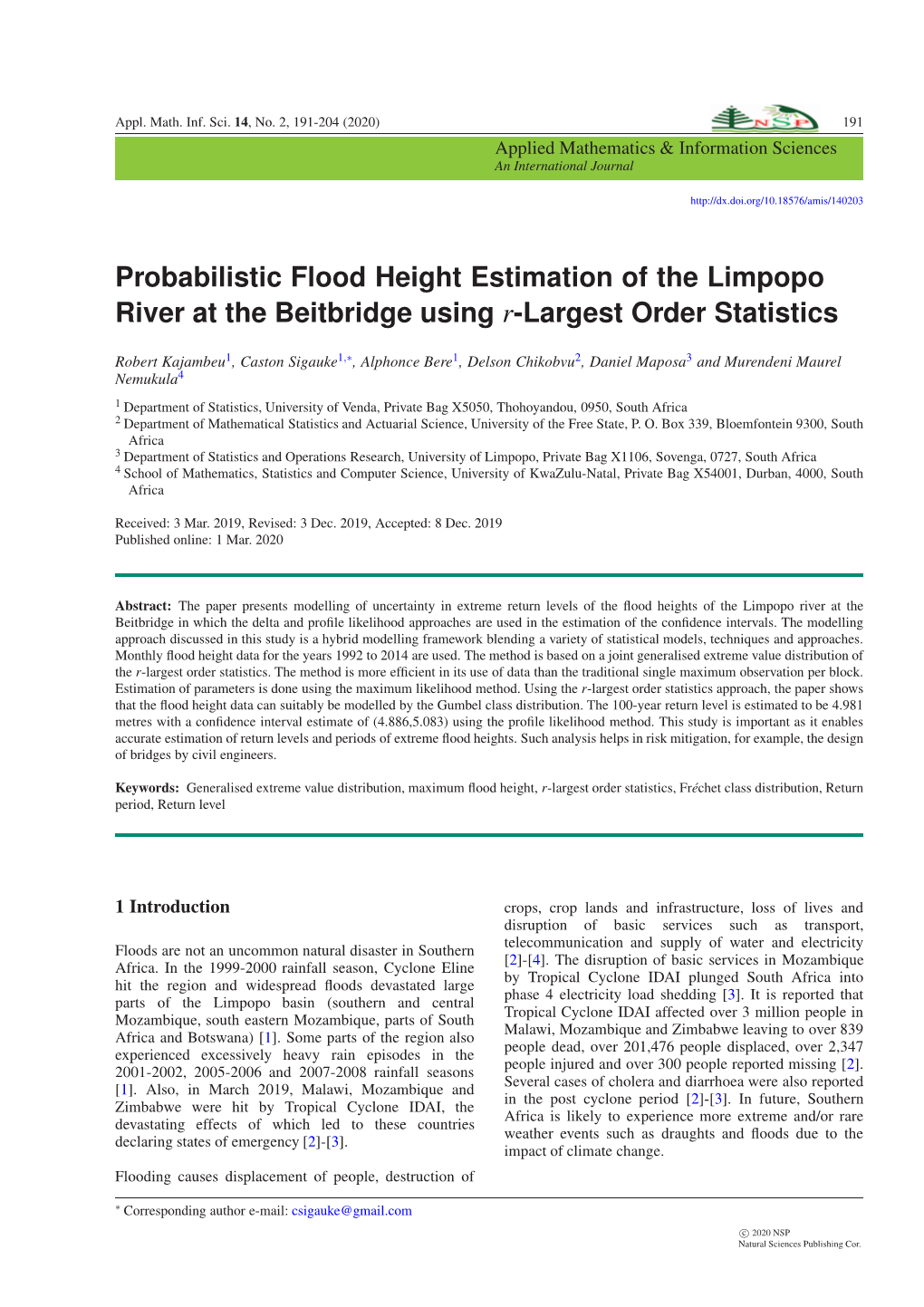 Probabilistic Flood Height Estimation of the Limpopo River at the Beitbridge Using R-Largest Order Statistics