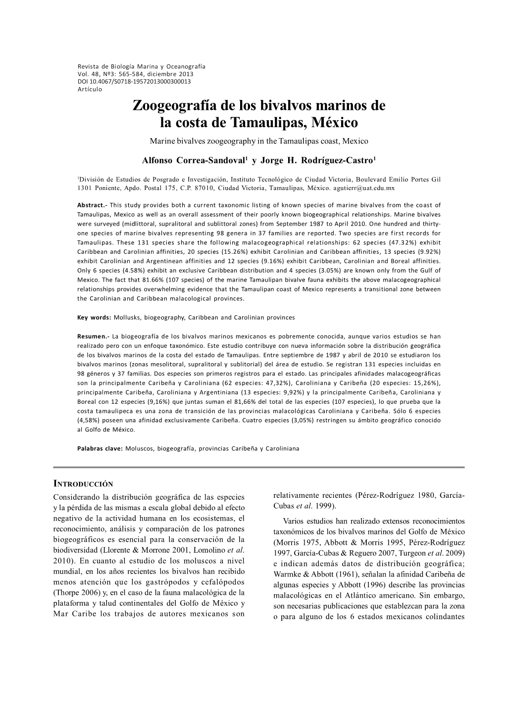 Zoogeografía De Los Bivalvos Marinos De La Costa De Tamaulipas, México Marine Bivalves Zoogeography in the Tamaulipas Coast, Mexico