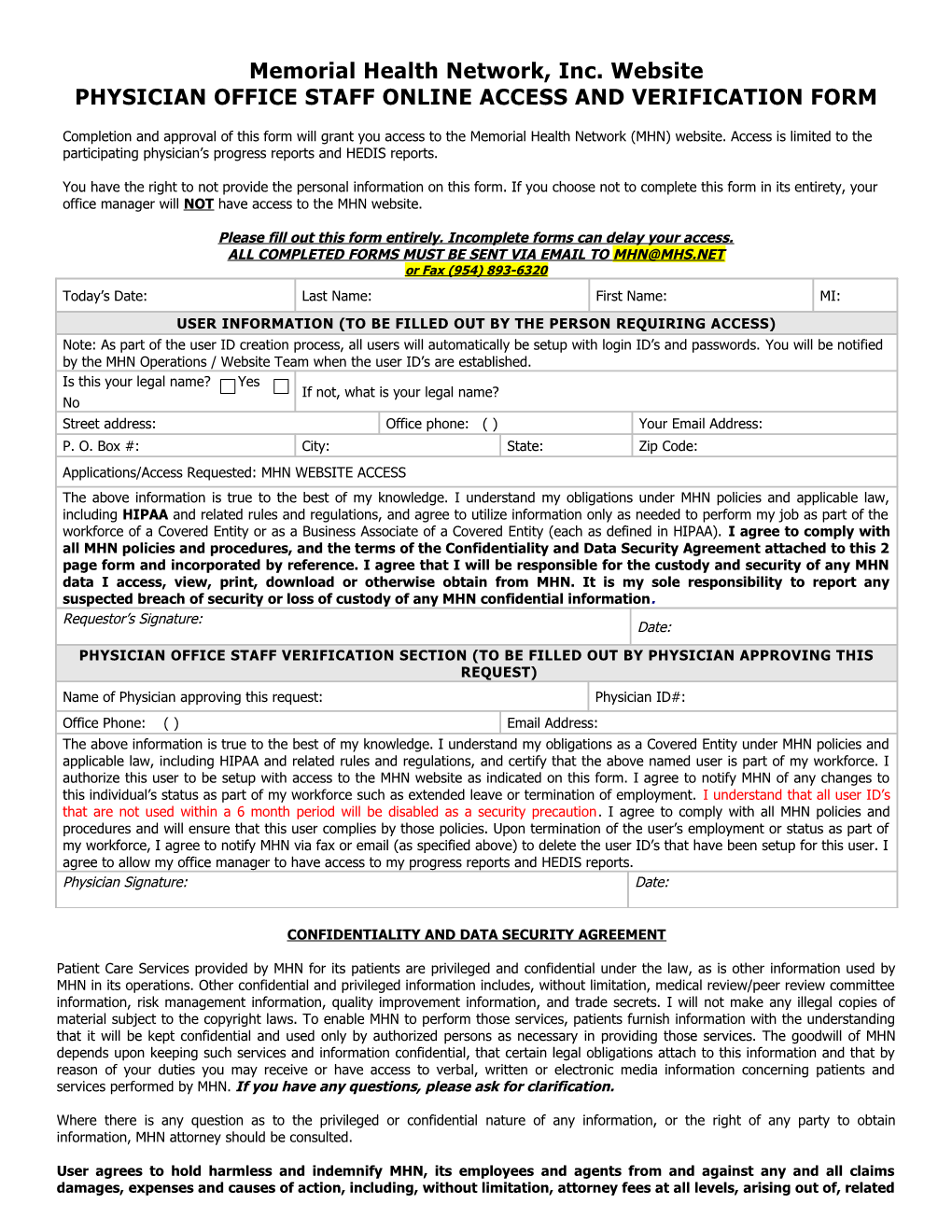 Physician Office Staff Access Request Form