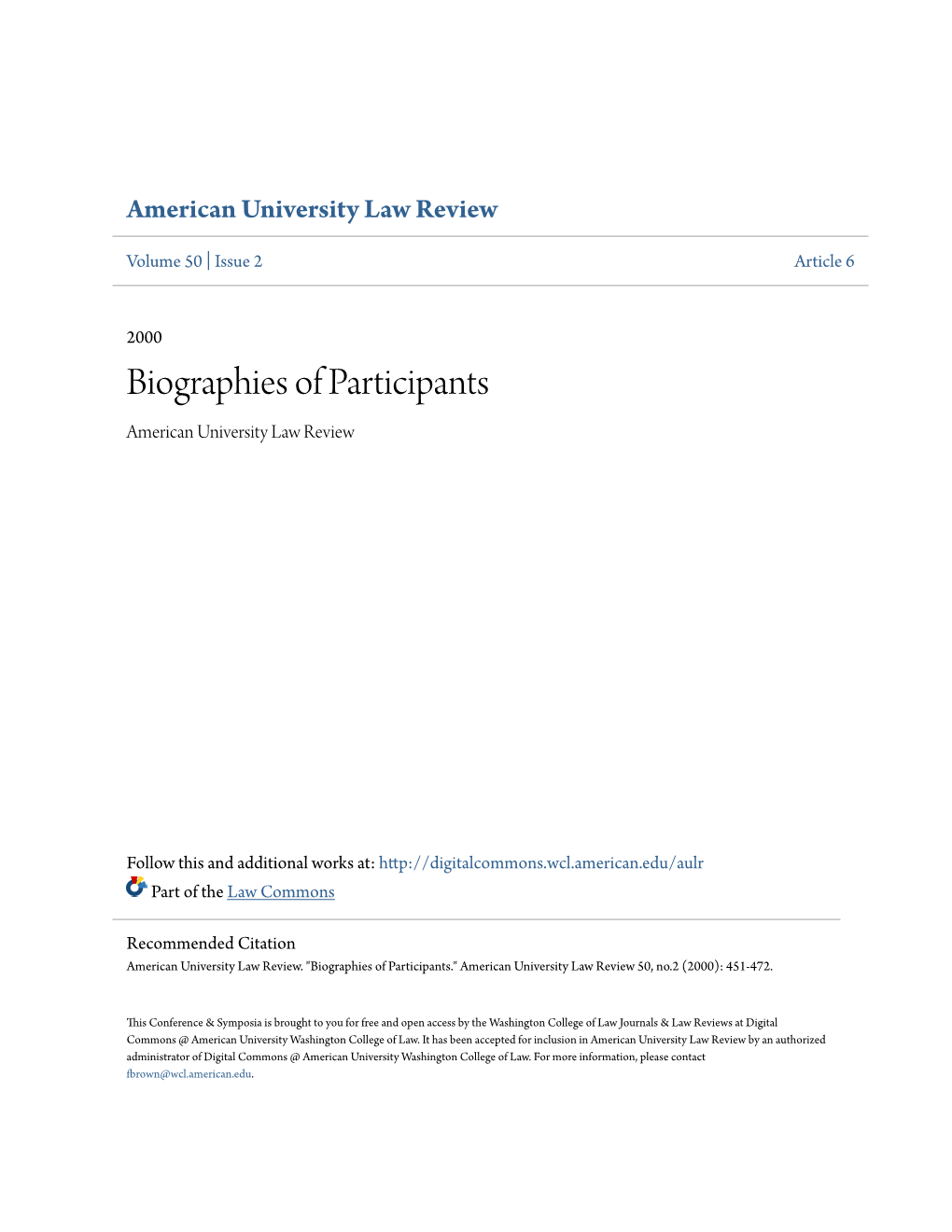 Biographies of Participants American University Law Review