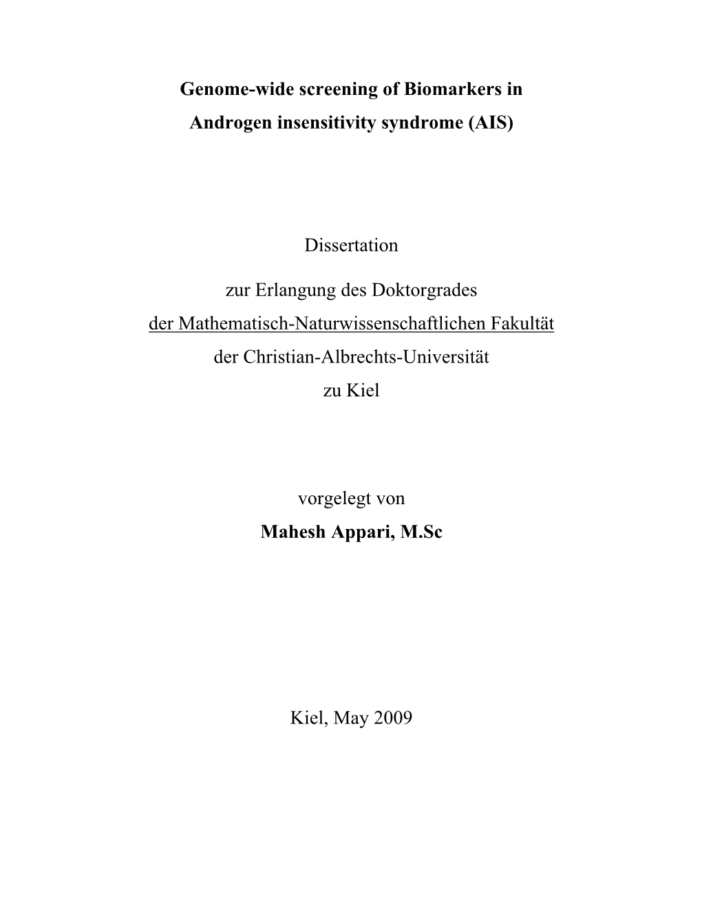 Genome-Wide Screening of Biomarkers in Androgen Insensitivity Syndrome (AIS)