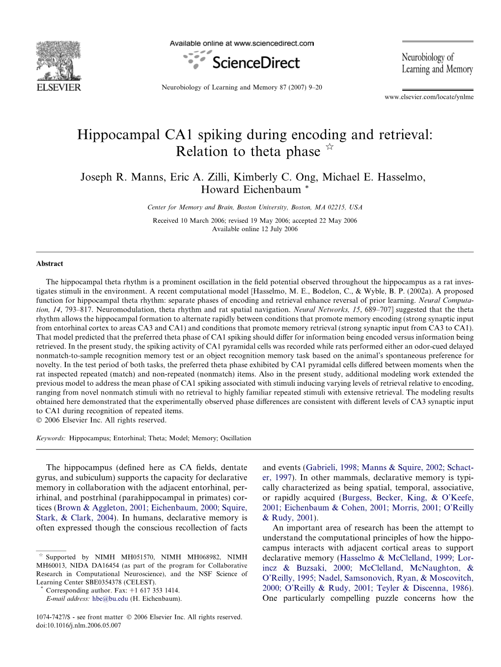 Hippocampal CA1 Spiking During Encoding and Retrieval: Relation to Theta Phase Q
