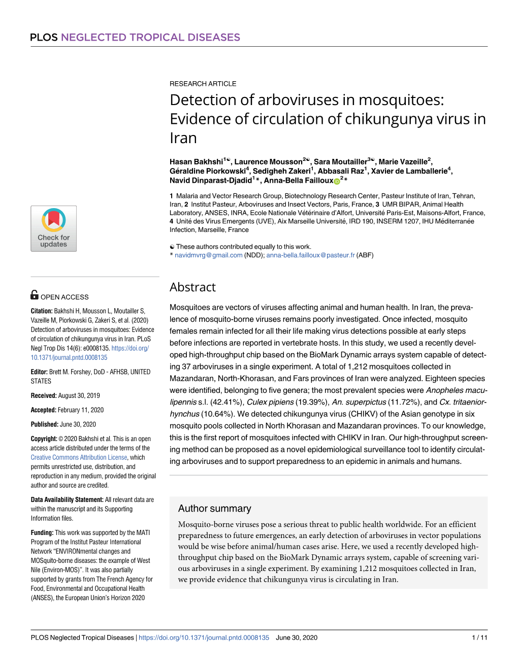 Detection of Arboviruses in Mosquitoes: Evidence of Circulation of Chikungunya Virus in Iran