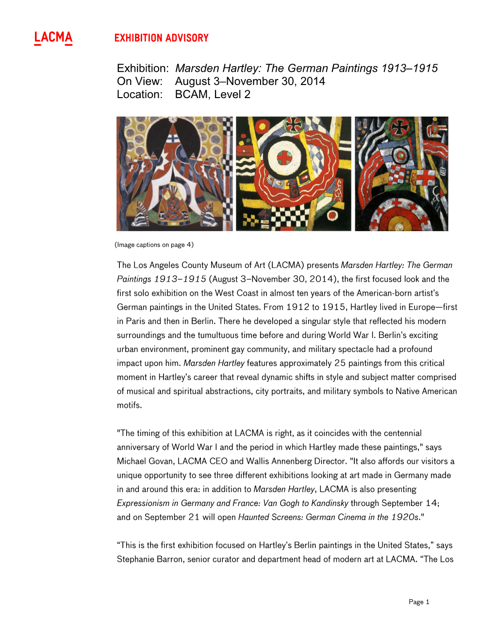 Marsden Hartley: the German Paintings 1913–1915 on View: August 3–November 30, 2014 Location: BCAM, Level 2