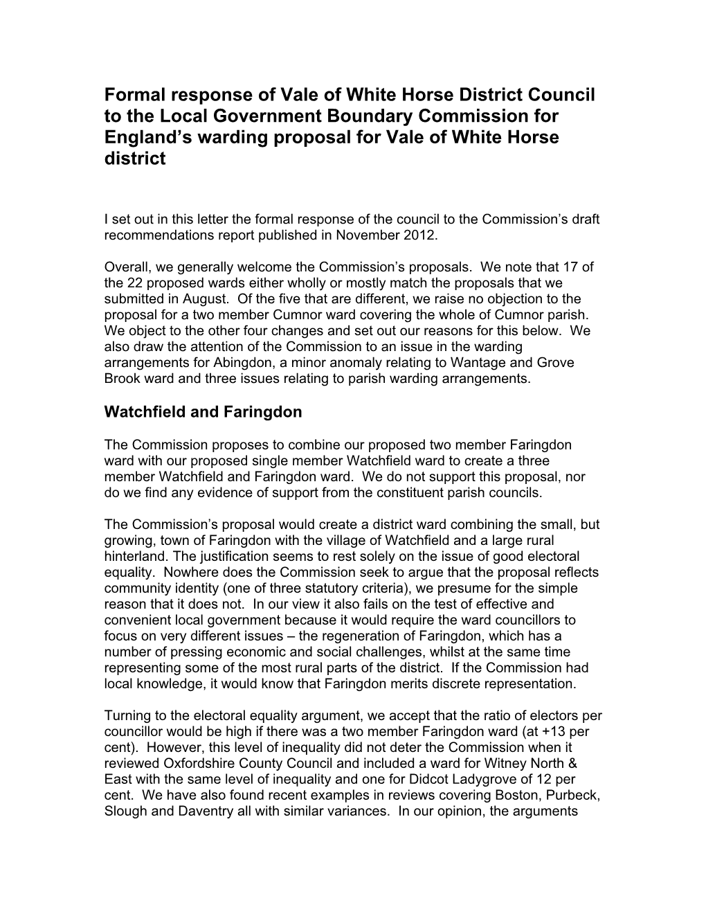 Formal Response of Vale of White Horse District Council to the Local Government Boundary Commission for England’S Warding Proposal for Vale of White Horse District