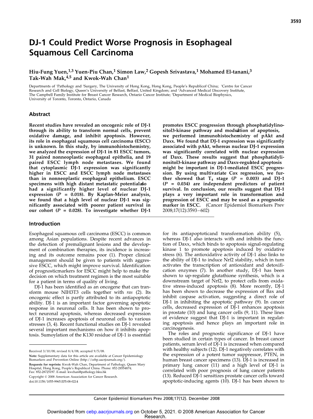 DJ-1 Could Predict Worse Prognosis in Esophageal Squamous Cell Carcinoma