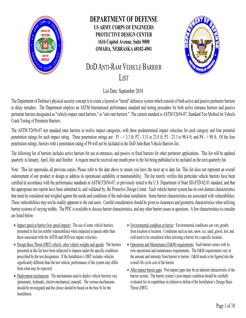 DEPARTMENT of DEFENSE US ARMY CORPS of ENGINEERS PROTECTIVE DESIGN CENTER 1616 Capitol Avenue, Suite 9000 OMAHA, NEBRASKA 68102-4901