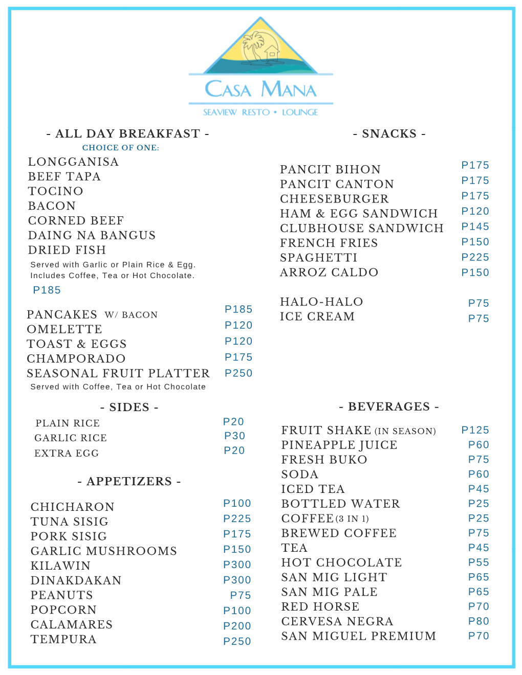 Casa Mana Menu