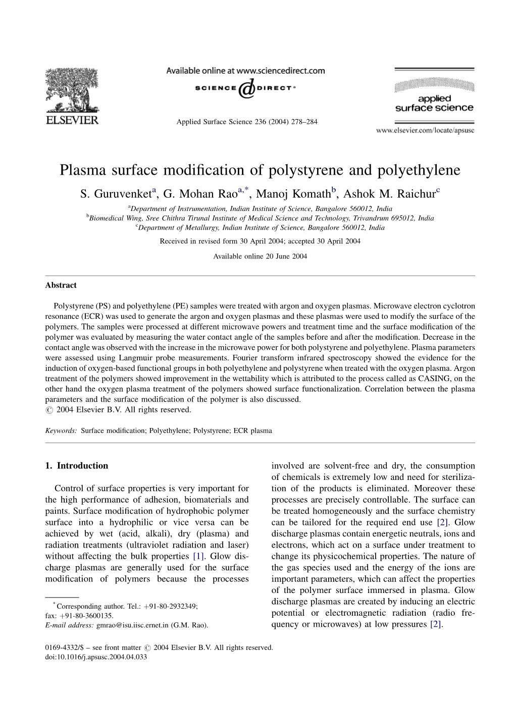 Plasma Surface Modification of Polystyrene and Polyethylene