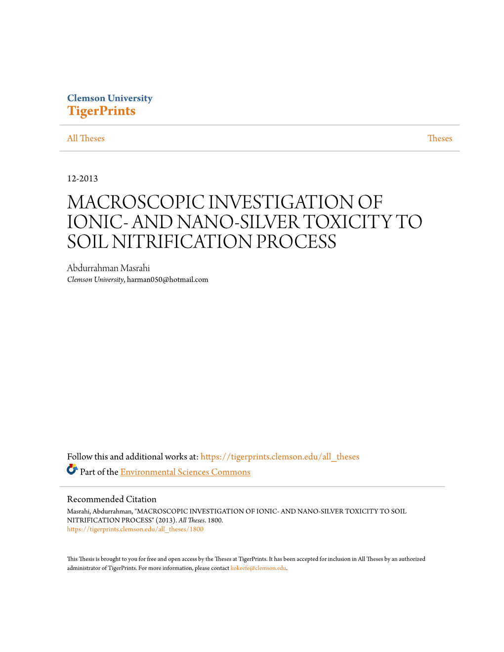 AND NANO-SILVER TOXICITY to SOIL NITRIFICATION PROCESS Abdurrahman Masrahi Clemson University, Harman050@Hotmail.Com