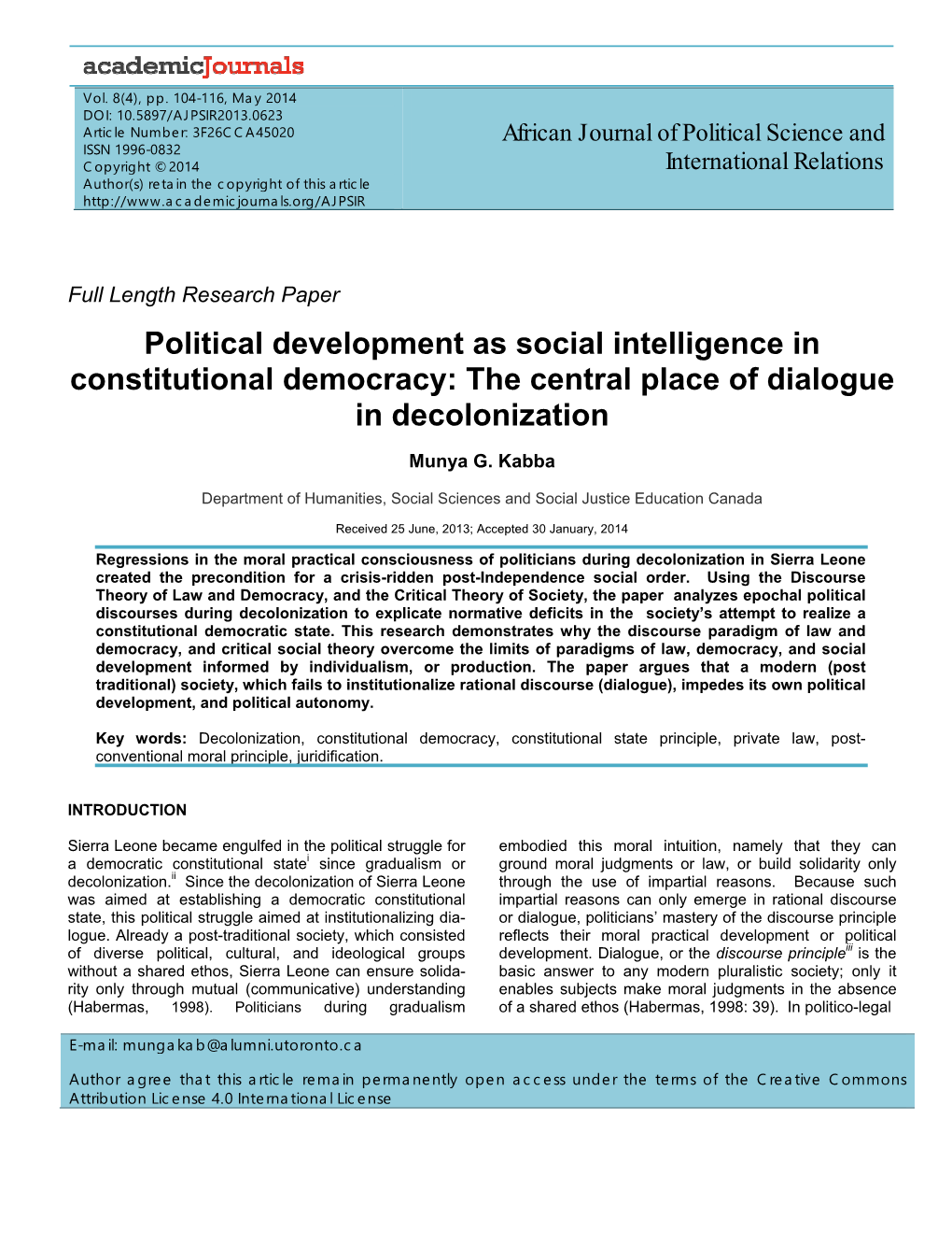 Political Development As Social Intelligence in Constitutional Democracy: the Central Place of Dialogue in Decolonization