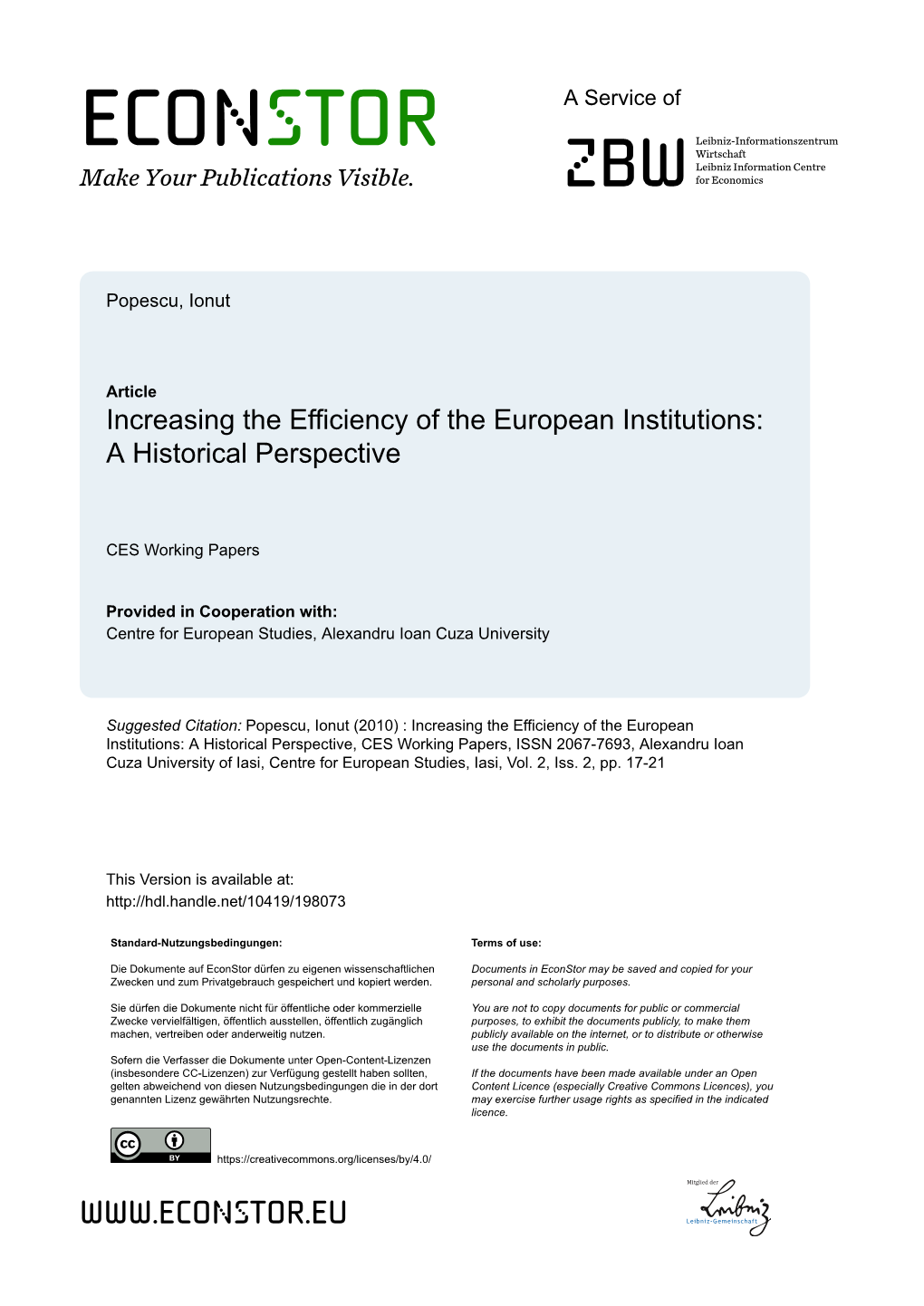 Increasing Thr Efficiency of the European Institutions: a Historical Perspective