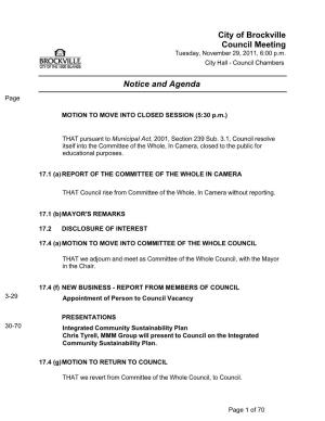 Notice and Agenda City of Brockville Council Meeting