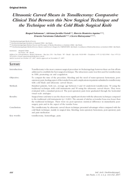 Ultrasonic Curved Shears in Tonsillectomy: Comparative Clinical Trial Between This New Surgical Technique and the Technique with the Cold Blade Surgical Knife