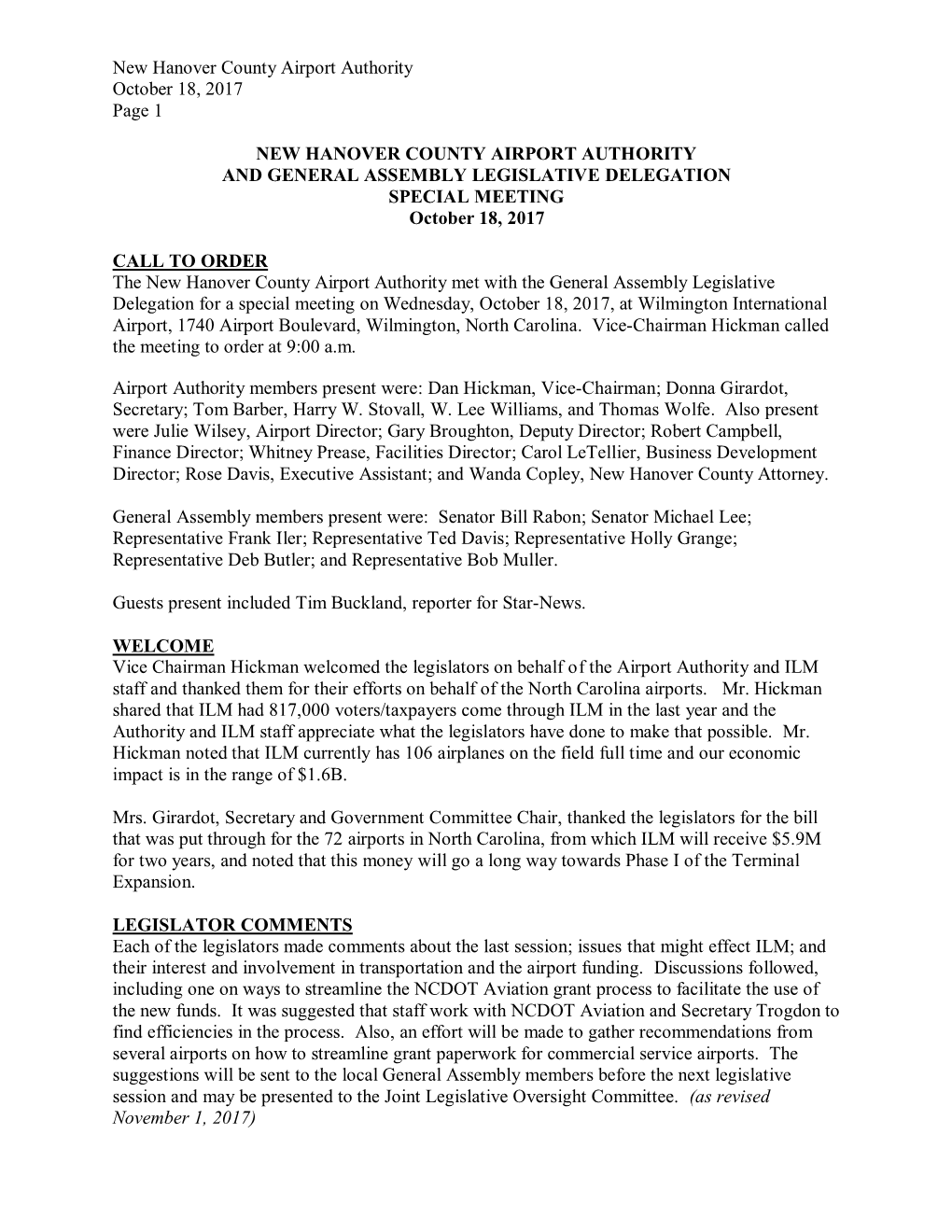 New Hanover County Airport Authority October 18, 2017 Page 1