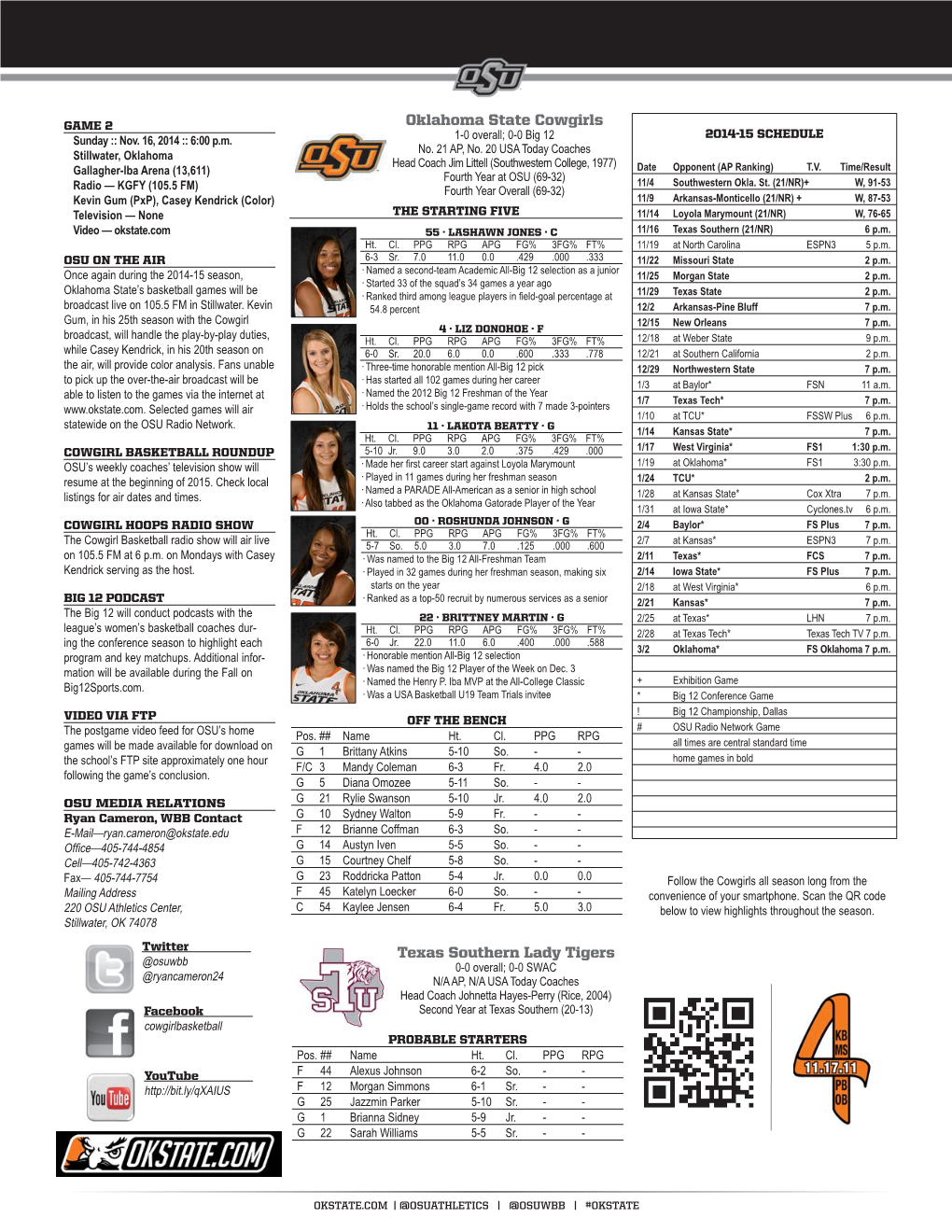 Oklahoma State Cowgirls Texas Southern Lady Tigers