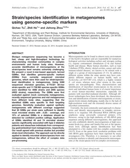 Strain/Species Identification in Metagenomes Using Genome-Specific Markers Qichao Tu1, Zhili He1,* and Jizhong Zhou1,2,3,*