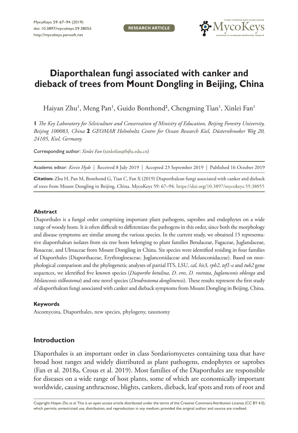 Diaporthalean Fungi Associated with Canker and Dieback of Trees from Mount Dongling in Beijing, China