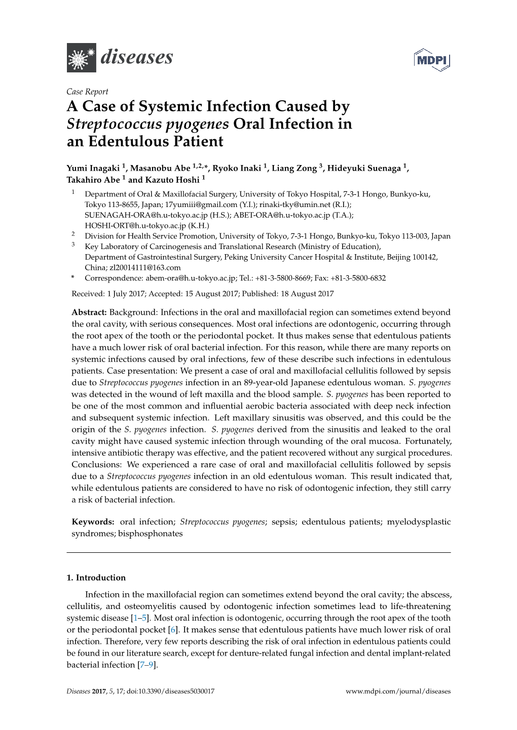 A Case of Systemic Infection Caused by Streptococcus Pyogenes Oral Infection in an Edentulous Patient