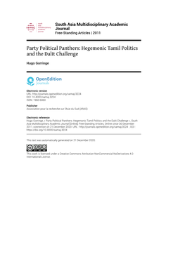 South Asia Multidisciplinary Academic Journal , Free-Standing Articles Party Political Panthers: Hegemonic Tamil Politics and the Dalit Challenge 2