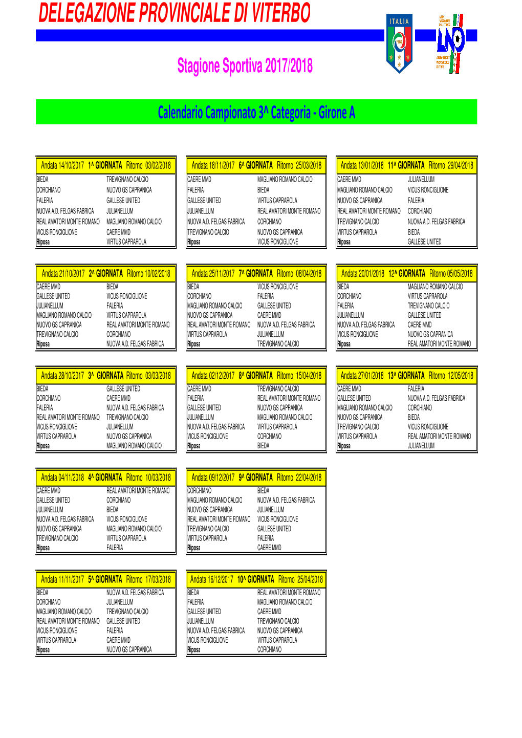 Calendario 3^ Categoria Girone A