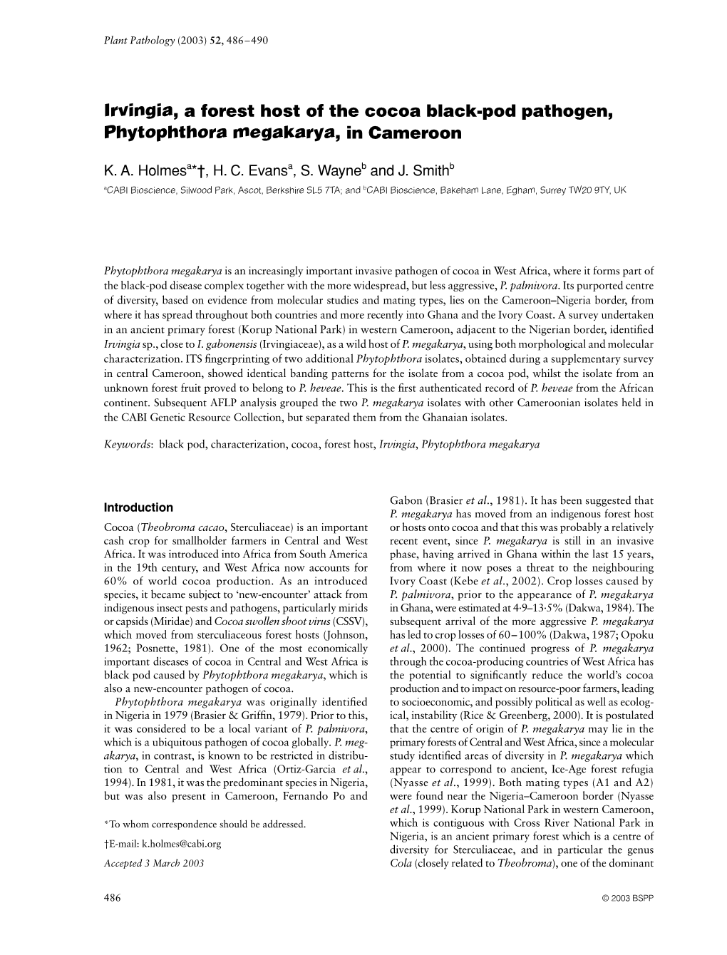 Irvingia, a Forest Host of the Cocoa Black-Pod Pathogen, Phytophthora Megakarya, in Cameroon