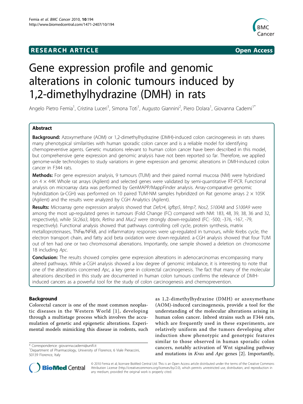 Gene Expression Profile and Genomic Alterations in Colonic Tumours