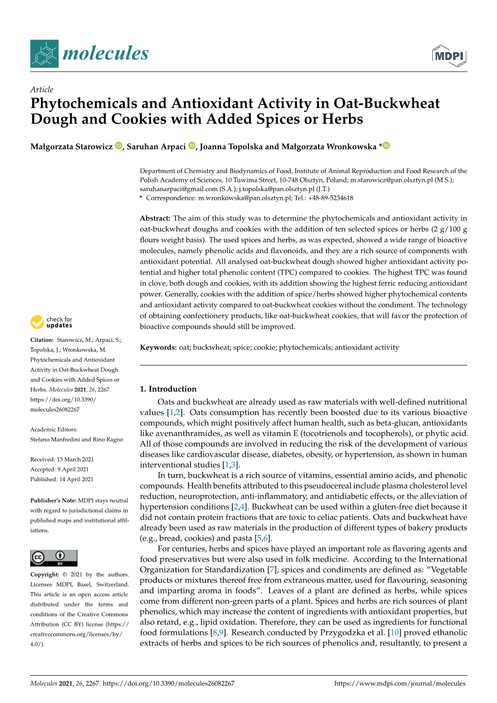 Phytochemicals and Antioxidant Activity in Oat-Buckwheat Dough and Cookies with Added Spices Or Herbs