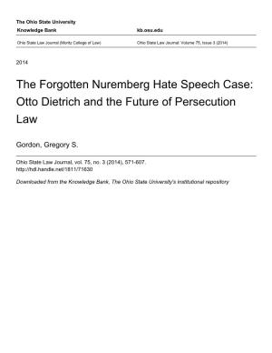 The Forgotten Nuremberg Hate Speech Case: Otto Dietrich and the Future of Persecution Law