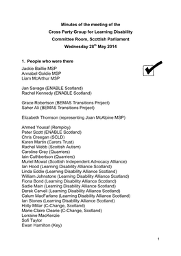 Cross Party Group for Learning Disability Committee Room, Scottish Parliament Wednesday 28Th May 2014