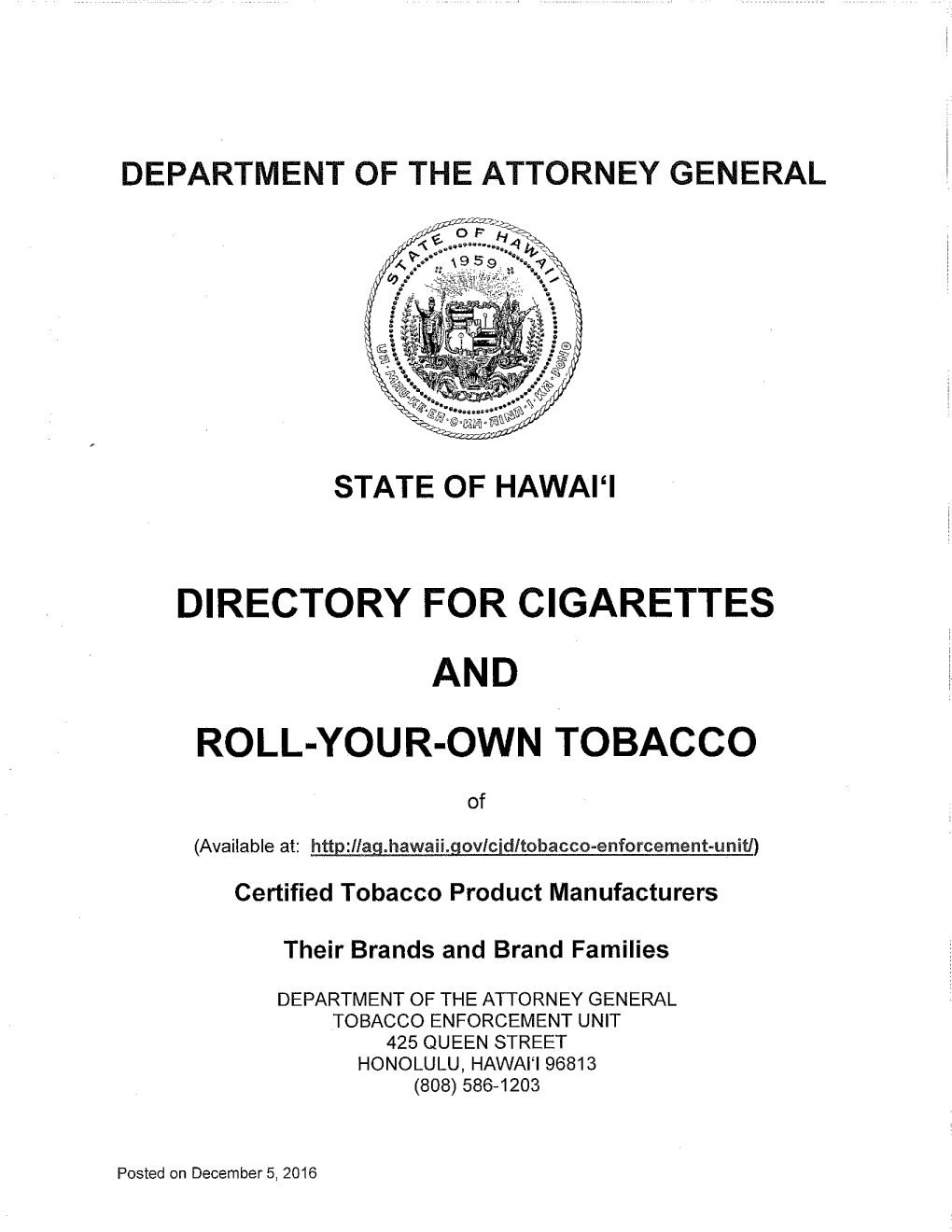 Directory for Cigarettes and Roll-Your-Own Tobacco