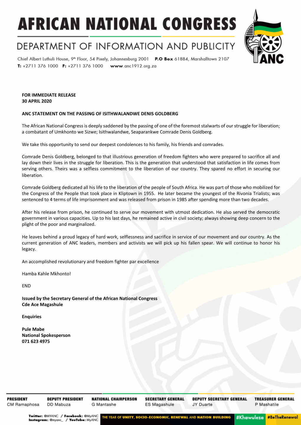 For Immediate Release 30 April 2020