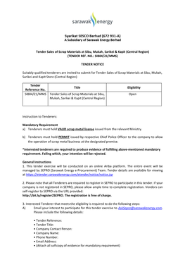 Tender Sales of Scrap Materials at Sibu, Mukah, Sarikei & Kapit