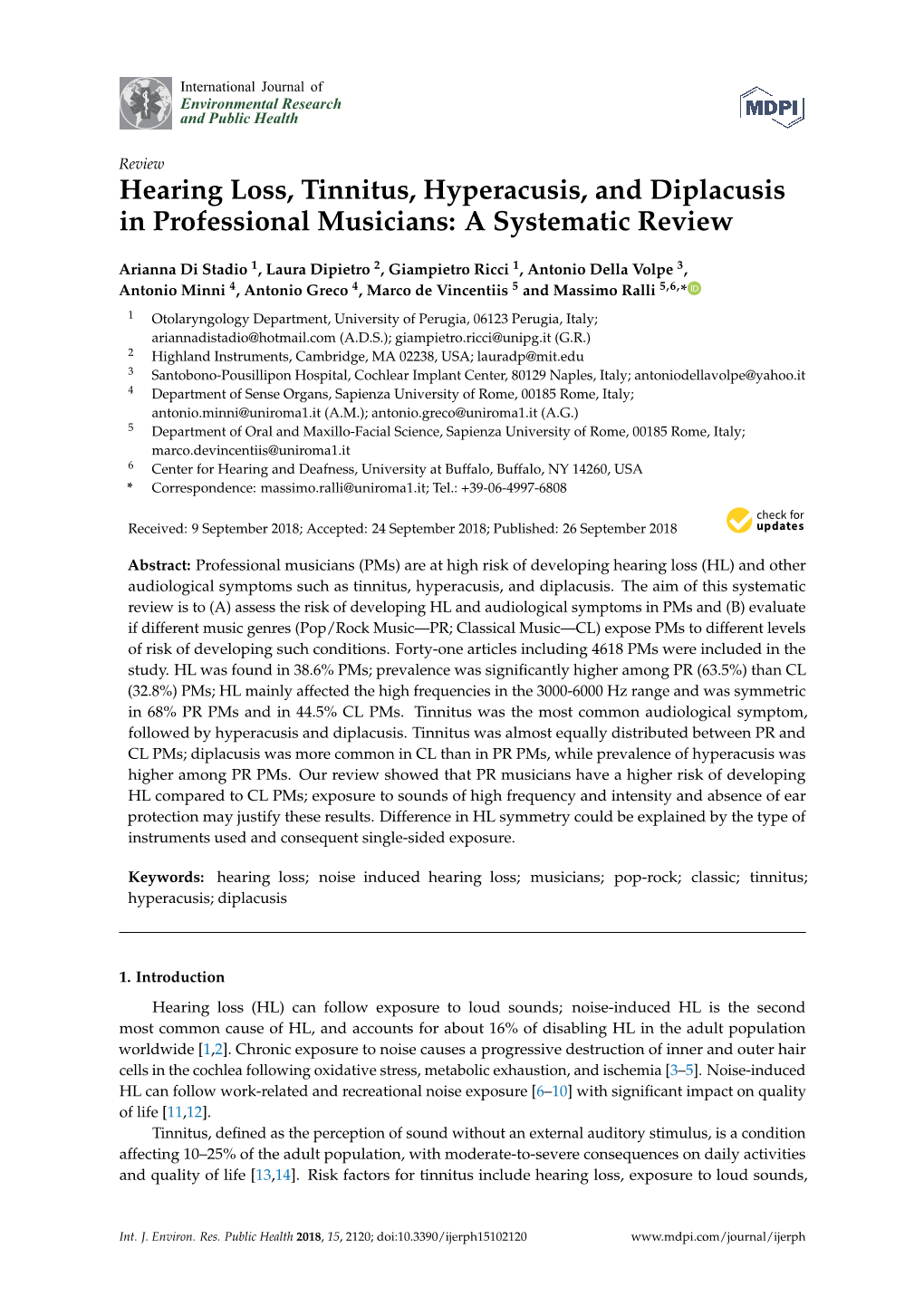 Hearing Loss, Tinnitus, Hyperacusis, and Diplacusis in Professional Musicians: a Systematic Review