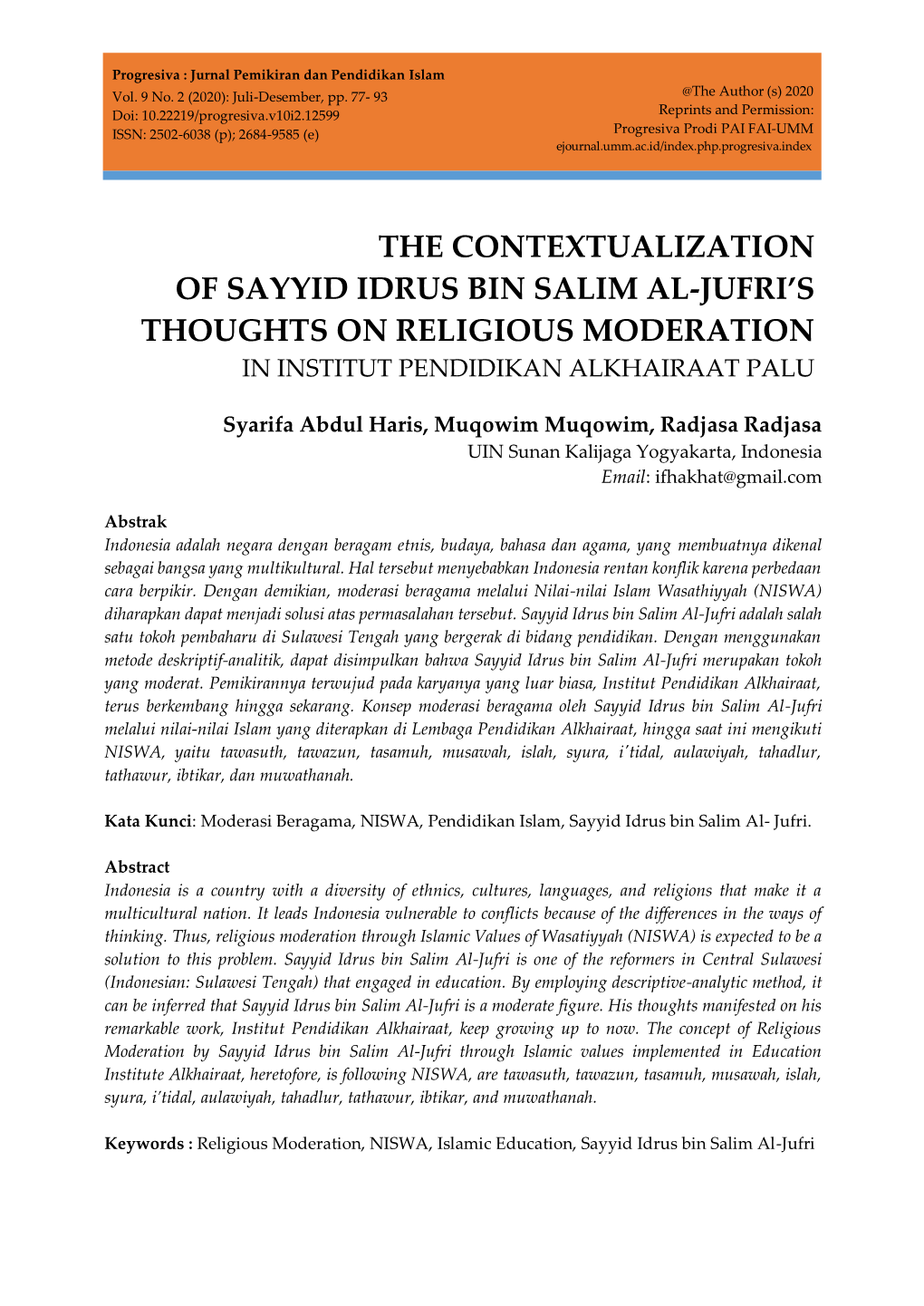 The Contextualization of Sayyid Idrus Bin Salim Al-Jufri's Thoughts on Religious Moderation