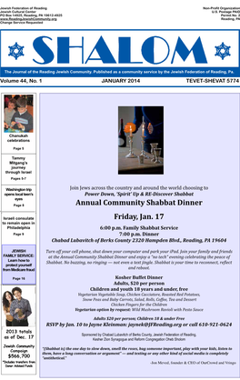 Annual Community Shabbat Dinner Friday, Jan. 17