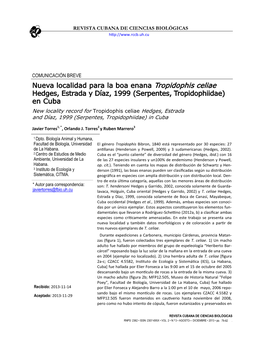 Nueva Localidad Para La Boa Enana Tropidophis Celiae Hedges, Estrada Y Díaz, 1999 (Serpentes, Tropidophiidae) En Cuba