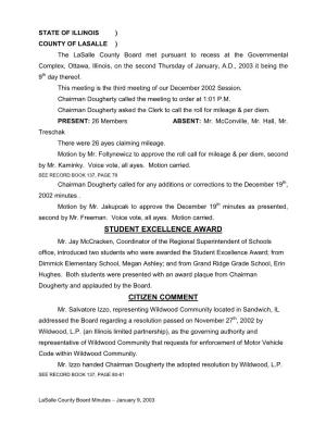 Lasalle County Board Minutes – January 9, 2003 RESOLUTION: #03-01 (#03-01) CO HWY COMMITTEE a Resolution Was Submitted for the 2003 County Highway Improvement Program