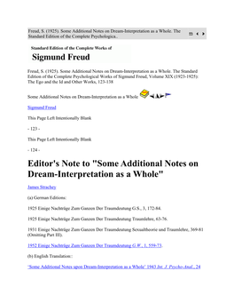 Some Additional Notes on Dream-Interpretation As a Whole