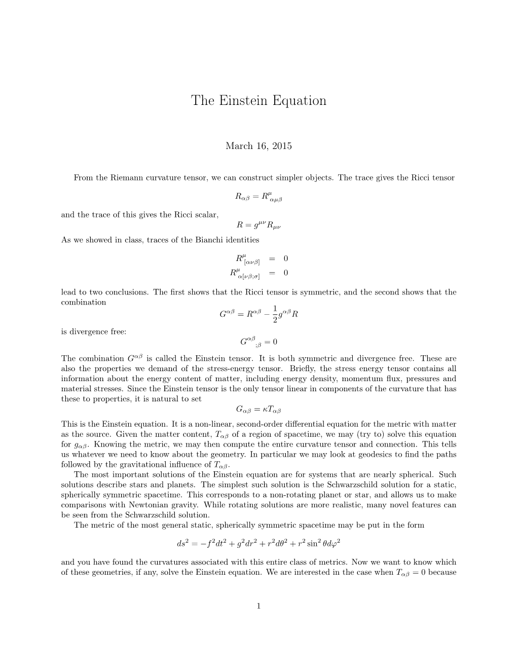 The Schwarzschild Solution to the Einstein Equation