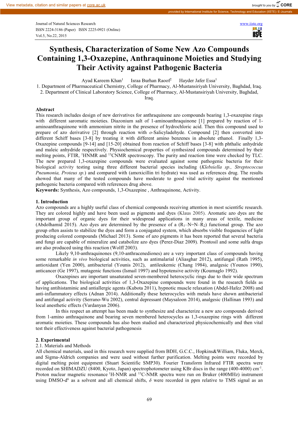 Synthesis, Characterization of Some New Azo Compounds Containing 1,3-Oxazepine, Anthraquinone Moieties and Studying Their Activity Against Pathogenic Bacteria