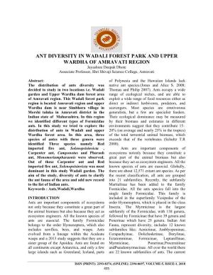 ANT DIVERSITY in WADALI FOREST PARK and UPPER WARDHA of AMRAVATI REGION Jayashree Deepak Dhote Associate Professor, Shri Shivaji Science College, Amravati