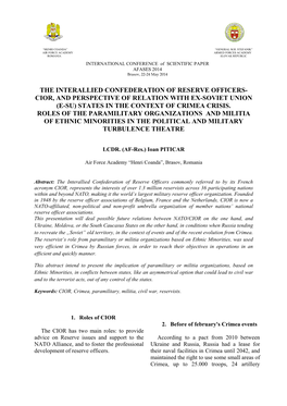 The Interallied Confederation of Reserve Officers- Cior, and Perspective of Relation with Ex-Soviet Union (E-Su) States in the Context of Crimea Crisis